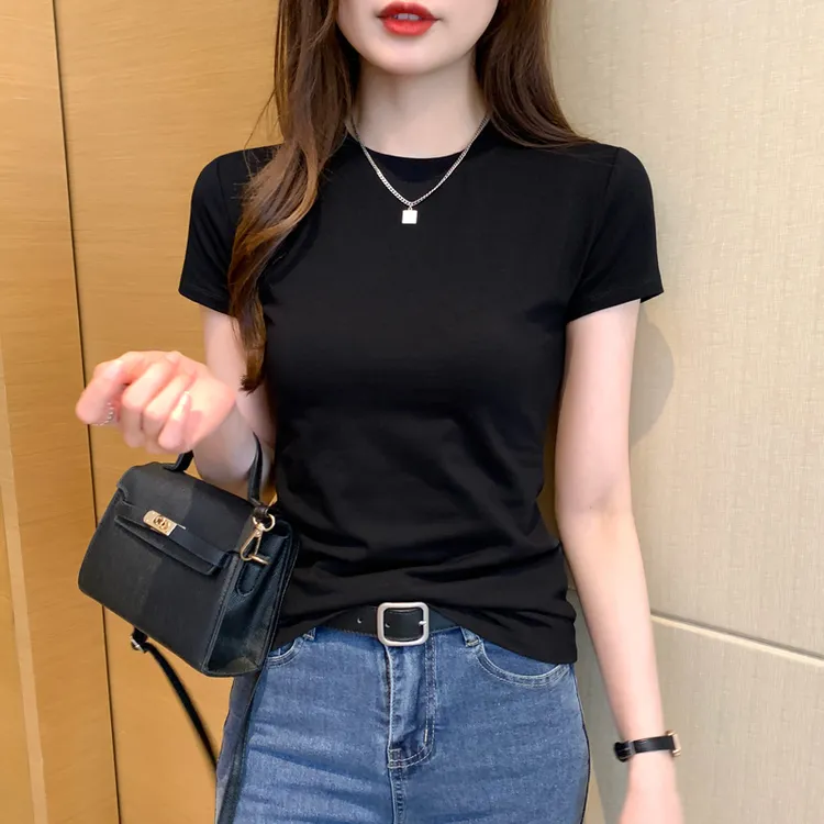黑色短袖T恤女2024夏季新款正肩修身显瘦圆领紧身短款上衣打底衫