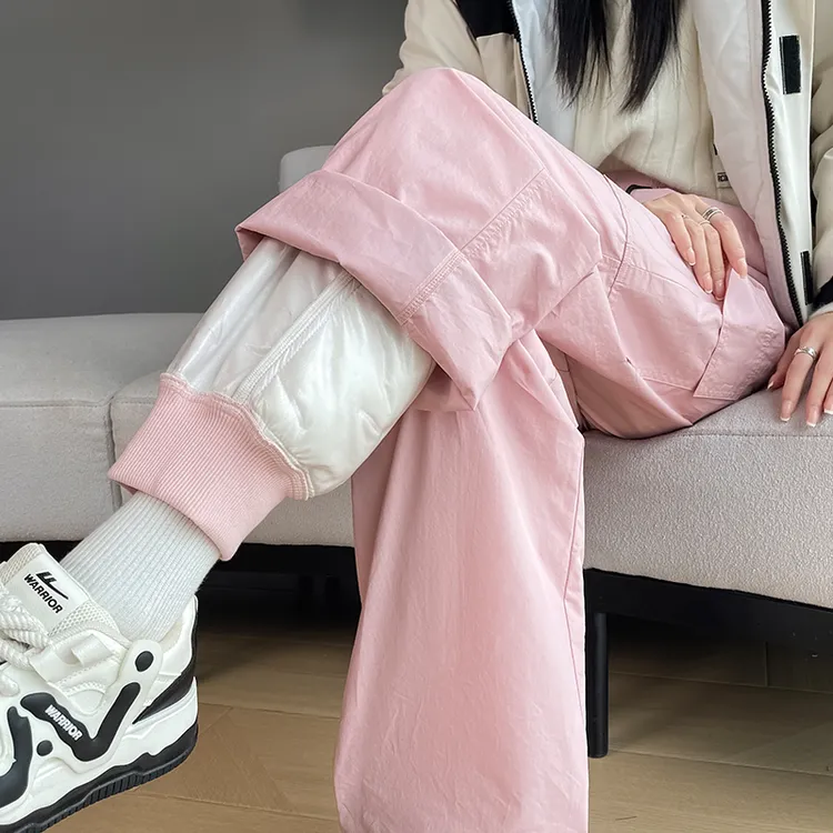 粉色工装羽绒裤女外穿加绒保暖冬季2025爆款休闲运动阔腿抗寒棉裤