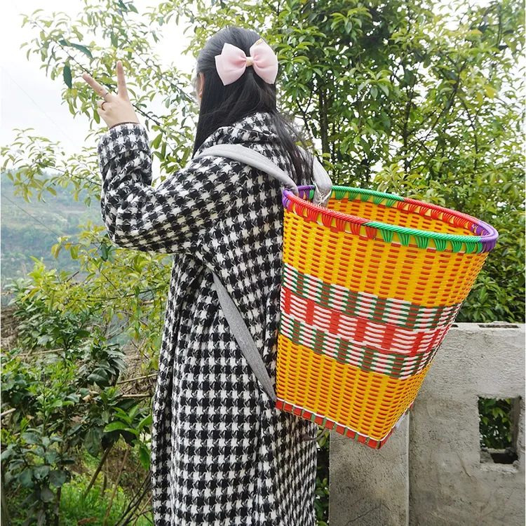 【背篓】双边口圆形背篓塑钢带买菜家用加厚贵州编织藤编全手工背篼