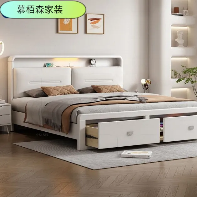 新款床头充电实木床家用白色北欧高箱储物实木床落地床卧室带抽屉
