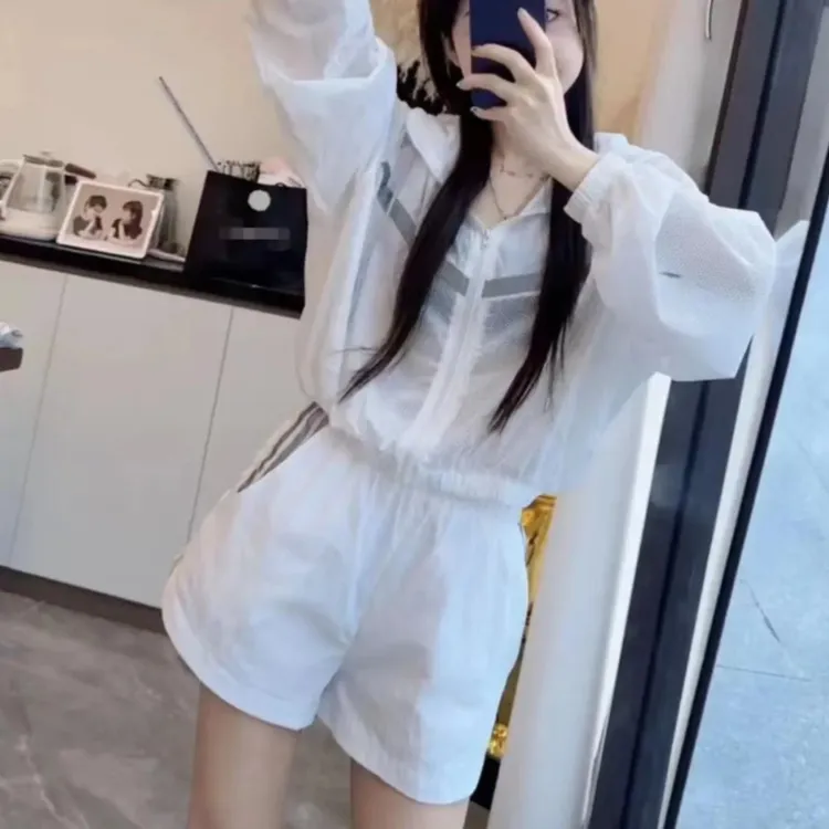 夏季新款休闲宽松连帽防晒衣外套+阔腿短裤运动时尚两件套装女
