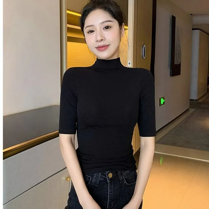 春秋黑色半高领洋气中袖t恤打底衫女修身显瘦气质百搭五分袖上衣