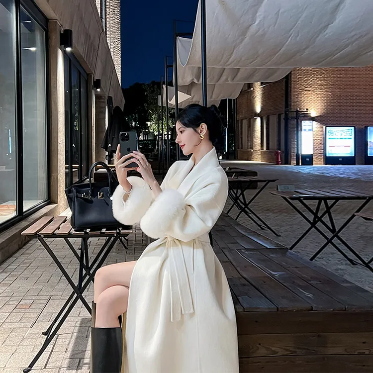 双面羊绒大衣女2025年新款高级感狐狸毛袖口宽松气质秋冬毛呢外套