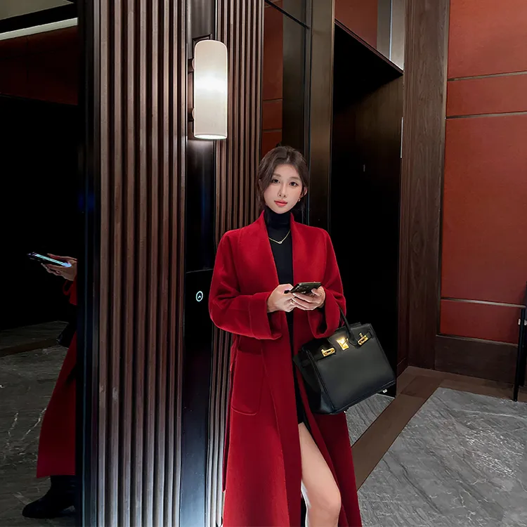 经典红色双面羊绒大衣女长款2025秋冬新款高端气质结婚穿毛呢外套