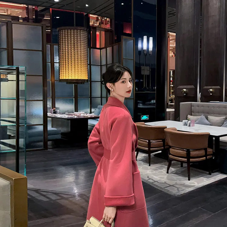 高端双面羊绒大衣女中长款2025秋冬新款韩版宽松气质粉色毛呢外套