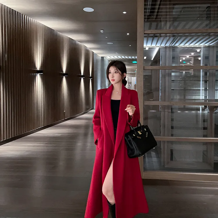 气质双面羊绒大衣女中长款2025秋冬新款高级感红色结婚毛呢子外套