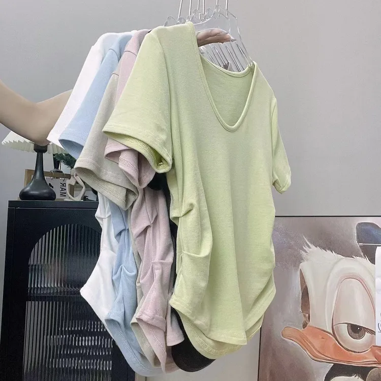 不规则设计感褶皱弧形下摆v领短袖t恤女修身显瘦上衣