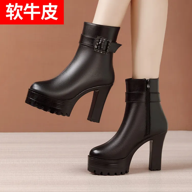 真皮高跟马丁靴女2025秋冬新款防水台加绒中筒靴大码粗跟春秋单靴