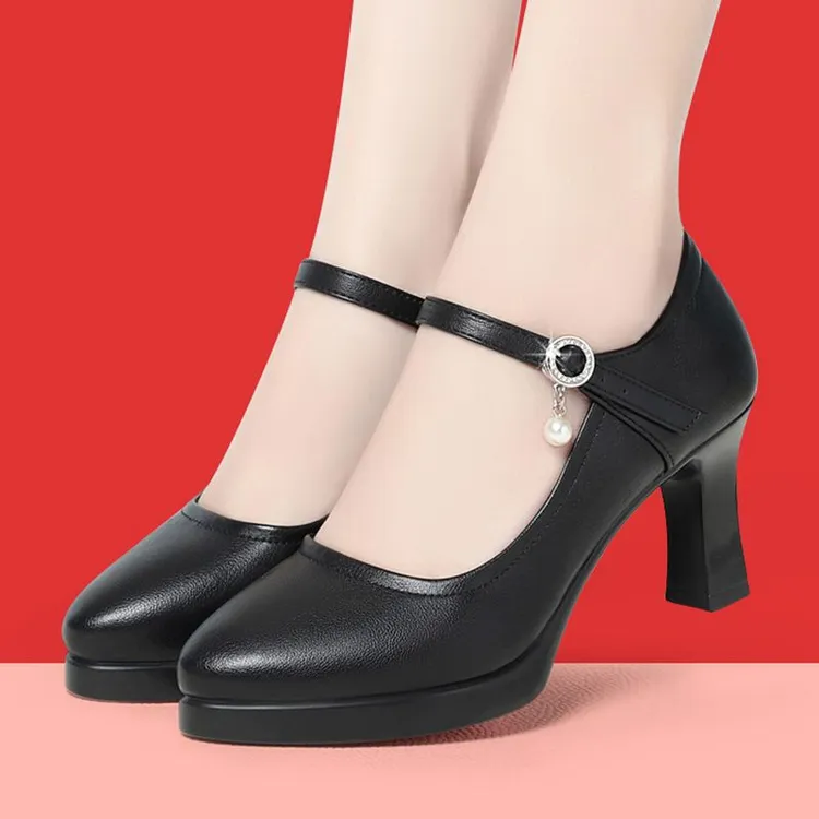 软牛皮模特旗袍走秀高跟鞋女粗跟中跟圆头真皮单鞋工作鞋大码女鞋