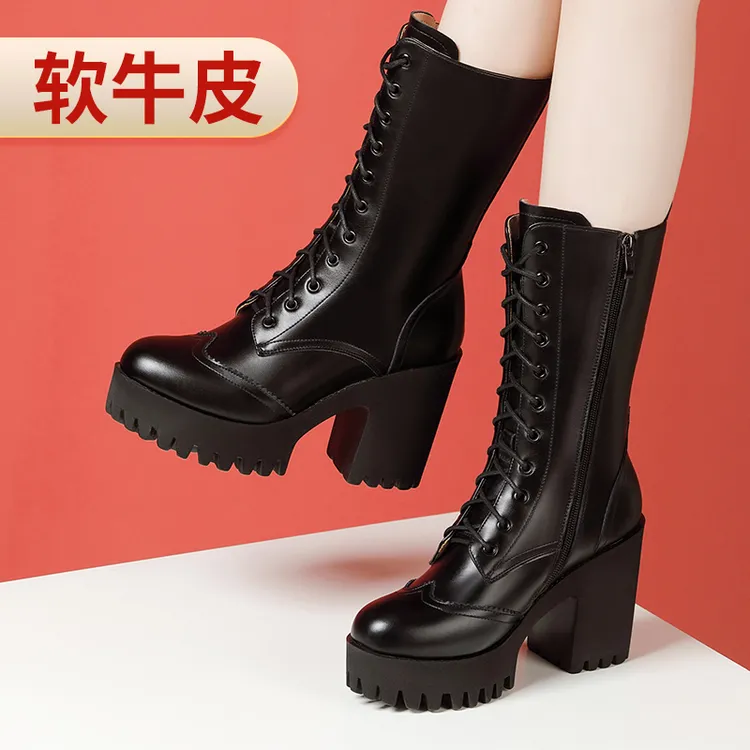 高跟粗跟马丁靴女真皮春秋单鞋薄款厚底防水台圆头大码系带中筒靴