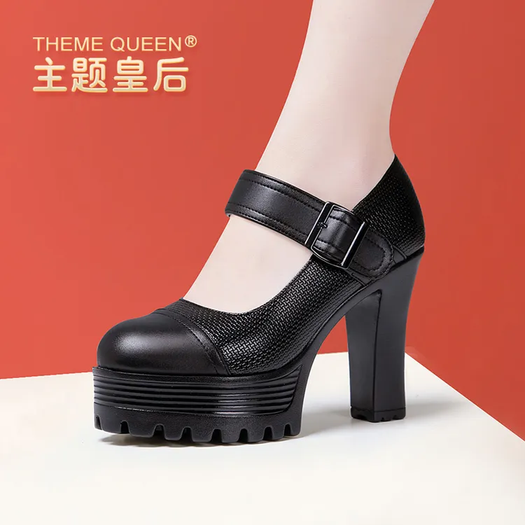 黑色防水台旗袍走秀高跟鞋女春季厚底一字扣真皮浅口单鞋超高跟