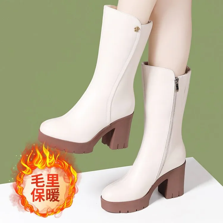 真皮长靴女粗跟厚底时尚百搭马丁靴2024新款秋冬加绒保暖中筒靴子