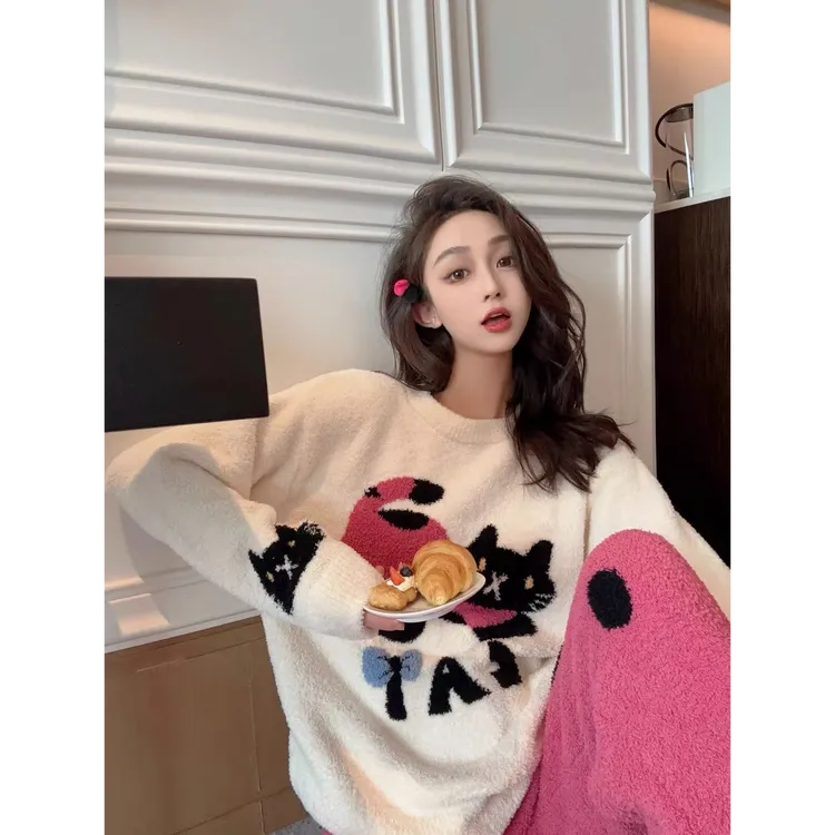 可爱猫睡衣女士秋冬珊瑚绒加厚保暖半边绒开衫可外穿家居服套装冬