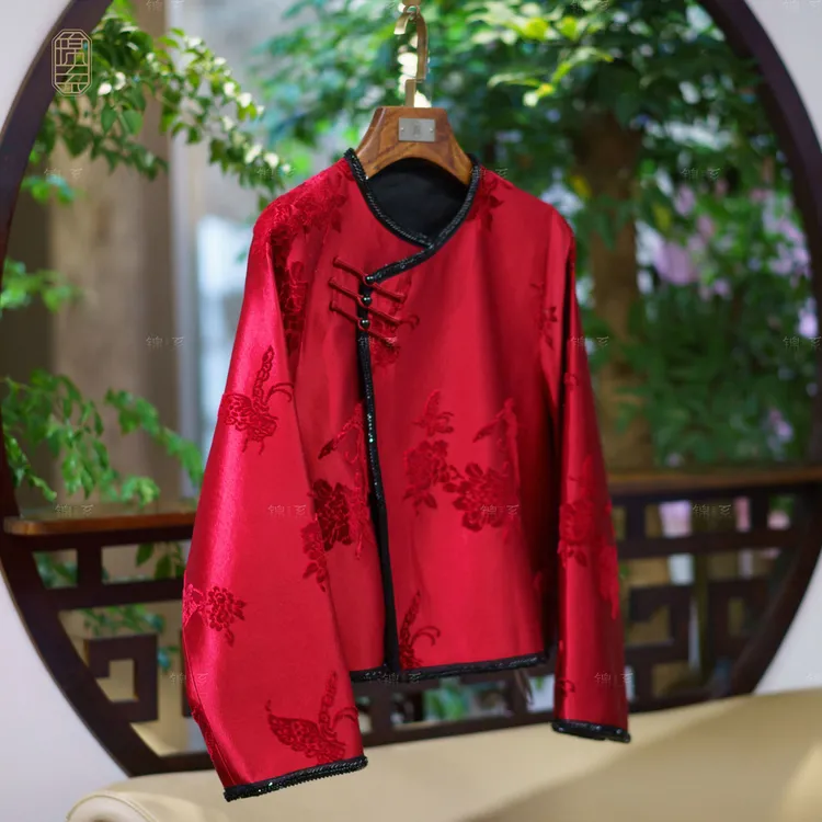 【锦系】漳绒新中式国风桑蚕丝圆领斜襟长袖外套E-36834-ZRD4166778