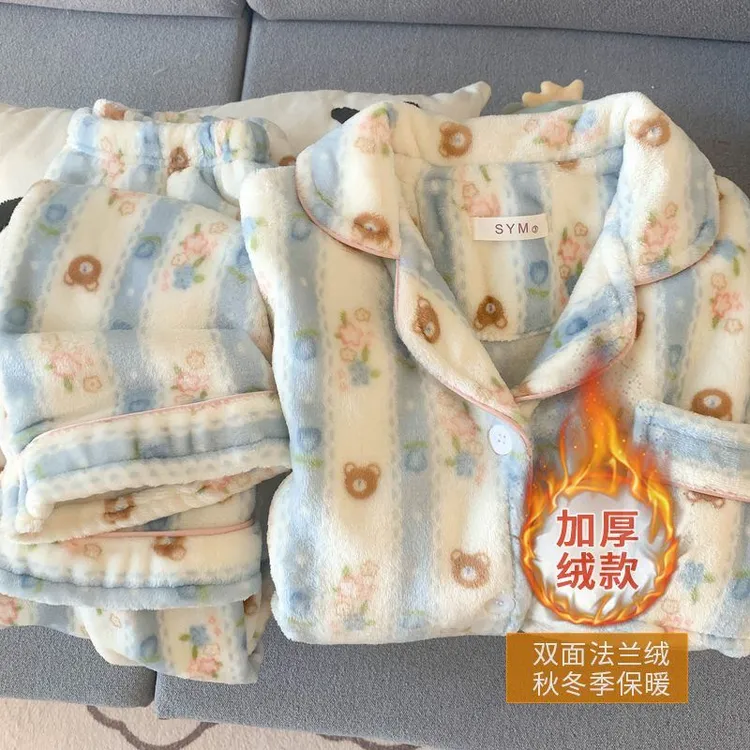 大码胖mm睡衣女法兰绒冬季长袖套装2025新款珊瑚绒加厚加绒家居服