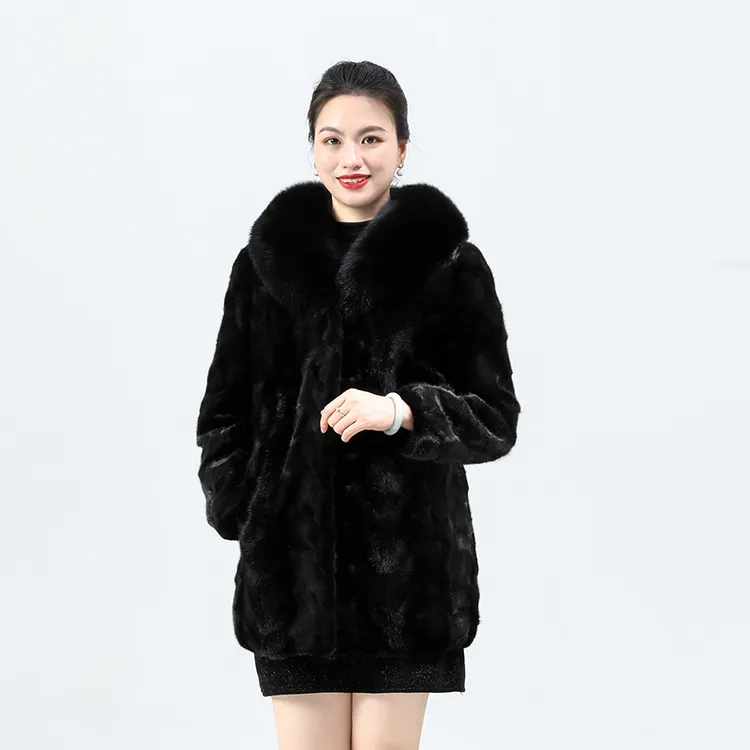 冬季保暖水貂毛皮草外套中长款狐狸毛领时尚气质百搭貂皮女款大衣