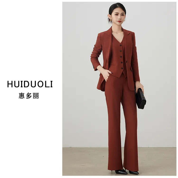 高品质职业安哥拉红西服修身马甲喇叭裤套装女神范高级西装三件套