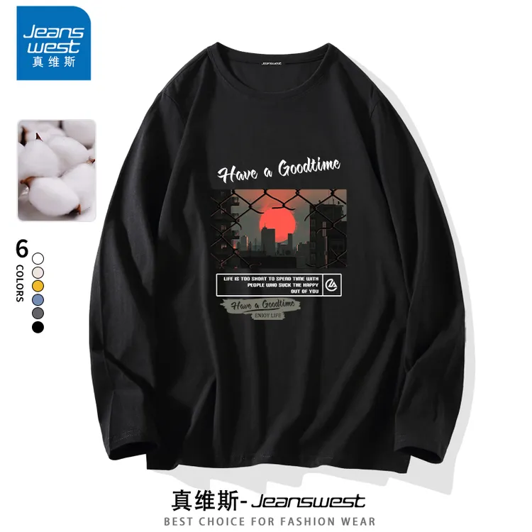 真维斯圆领长袖T恤男士2023年新款宽松潮流印花纯棉春秋薄款秋装
