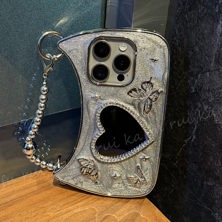 ins风轻奢高级感蝴蝶爱心镜子挂绳防摔适用iPhone15手机壳/14女款