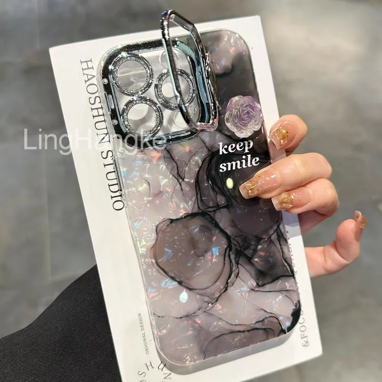 暗黑晕染山茶花适用iPhone16Promax手机壳闪粉镜头支架13女15/14 