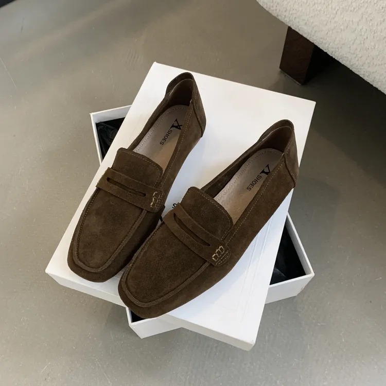 春秋韩版复古豆豆鞋真皮软底磨砂牛皮方头百搭时尚一脚蹬乐福鞋女