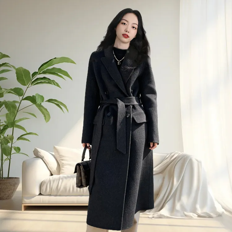 新款双面呢大衣女西装领中长款羊毛呢外套女A020