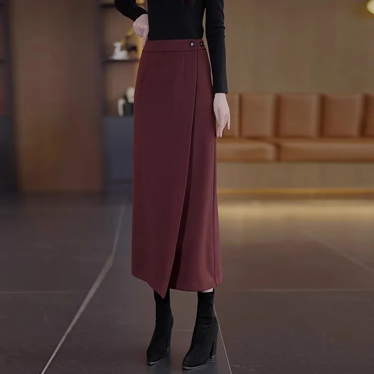 一片式毛呢半身裙女秋冬气质长裙2024新款高腰不规则开叉包臀裙子