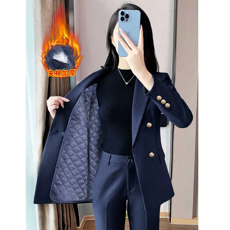 女士加棉西装外套高级感秋冬夹棉加厚小个子气质休闲职业西服套装