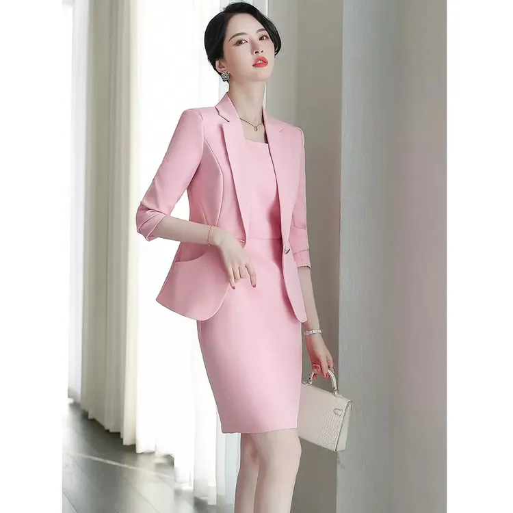 粉色西装外套女主持人正装工作服美容师套装职业装气质女神范西服