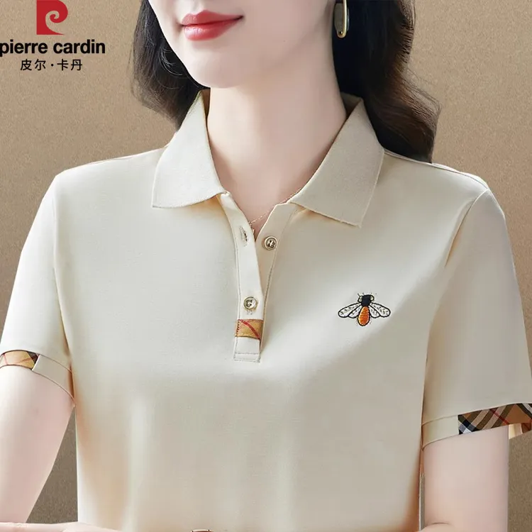 皮尔卡丹品牌冰丝翻领短袖T恤女夏季2025新款时尚妈妈polo衫显瘦