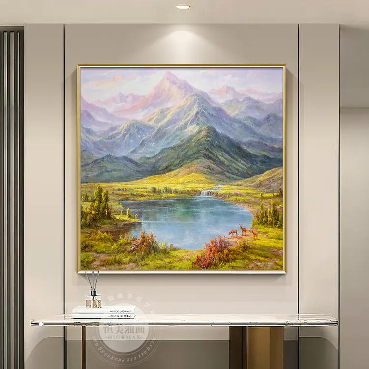 金山聚宝盆餐厅装饰画手绘风景油画玄关轻奢方形挂画三只小鹿壁画