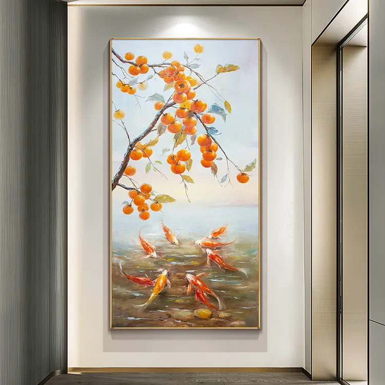 【年年有余】新中式手绘油画柿子九鱼图玄关装饰画现代轻奢高端挂画