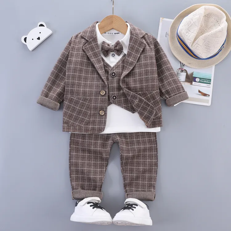 儿童西装春秋三件套新款宝宝格子礼服套装男童洋气小西服小童帅气