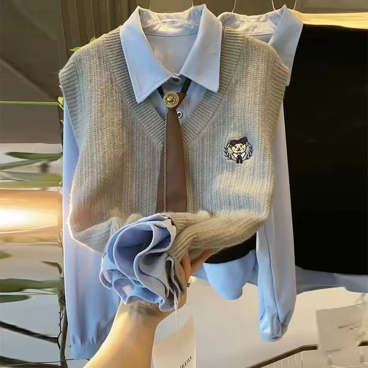 【送领带】2025春秋季新款韩版学院风针织马甲甜美减龄两件套装上衣