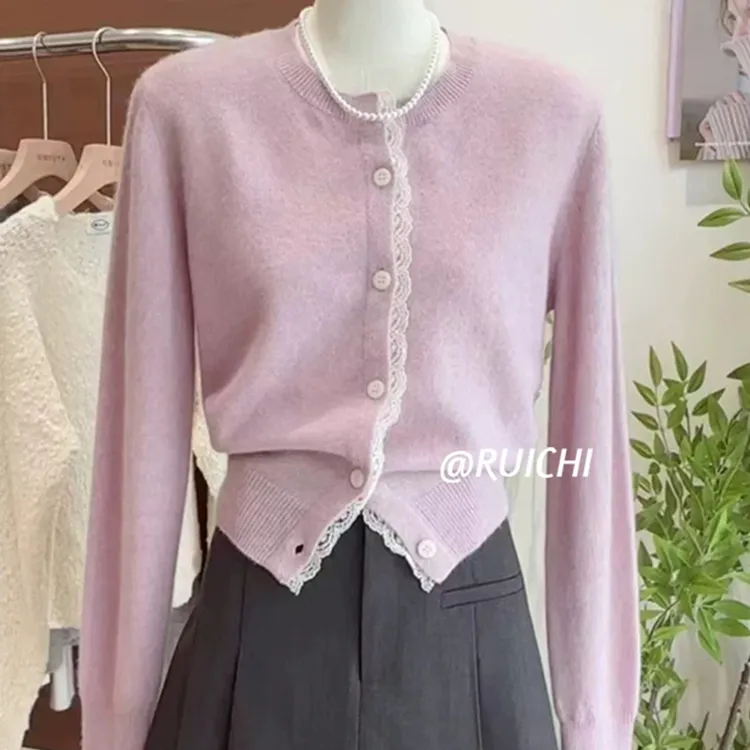 好温柔香芋紫2025秋冬新款蕾丝拼接圆领针织开衫高级感外套上衣女
