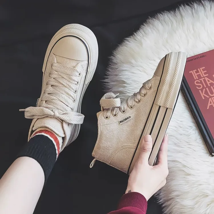 人本冬季棉鞋女鞋加绒保暖中帮休闲鞋厚底防滑大棉鞋学生潮鞋黑色