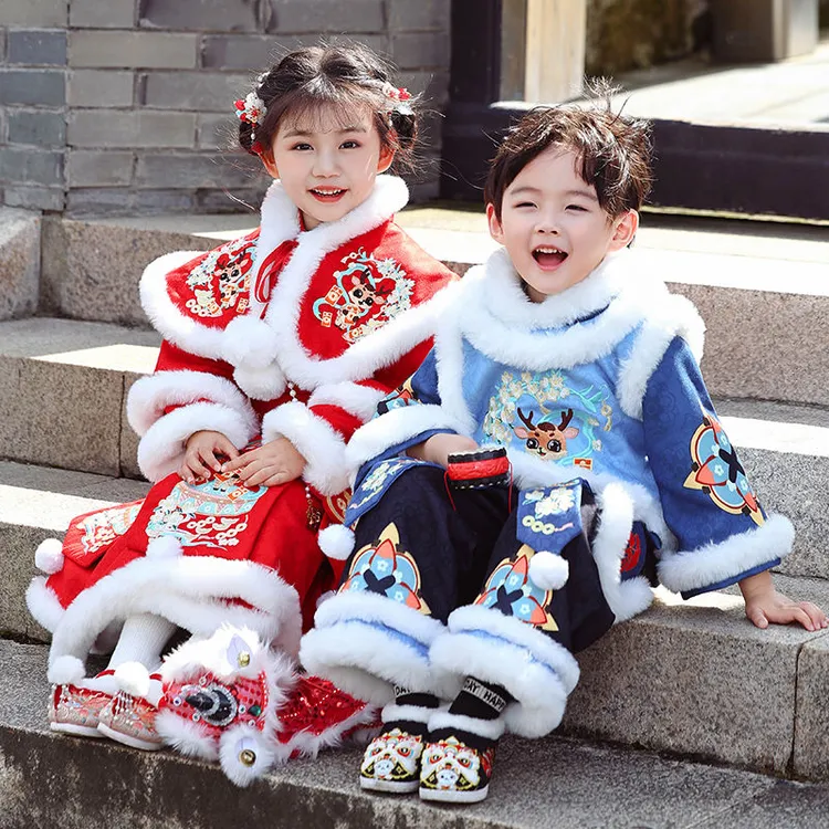 女童汉服古风蓝色马面裙冬季加绒加厚拜年服