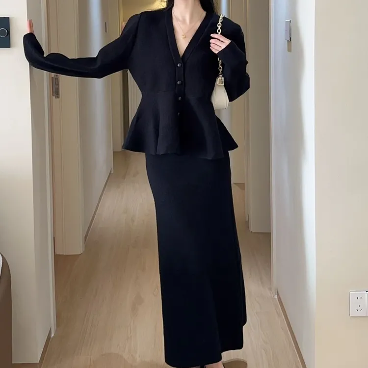 德宽同款套装高腰洋气显瘦黑色法式气质开衫裙子高端时尚两件套