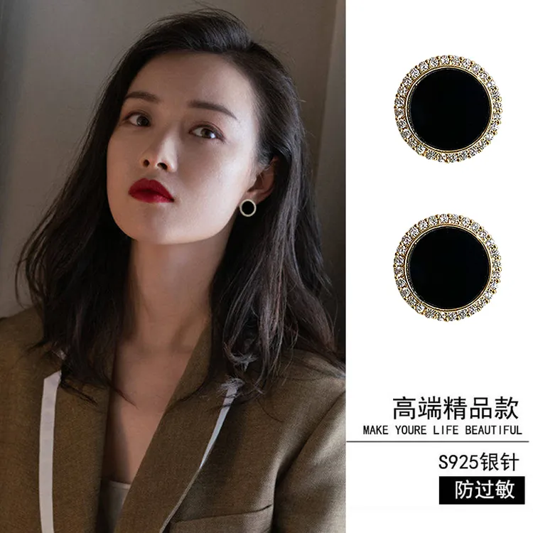 铜合金莫桑石耳饰 轻奢耳环女925银针黑色复古耳夹无耳洞气质耳钉
