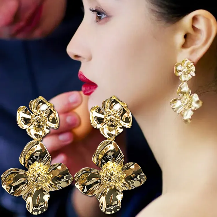 铜合金耳饰 法式耳环大气复古耳坠夸张花朵耳钉女R高级感气质耳环
