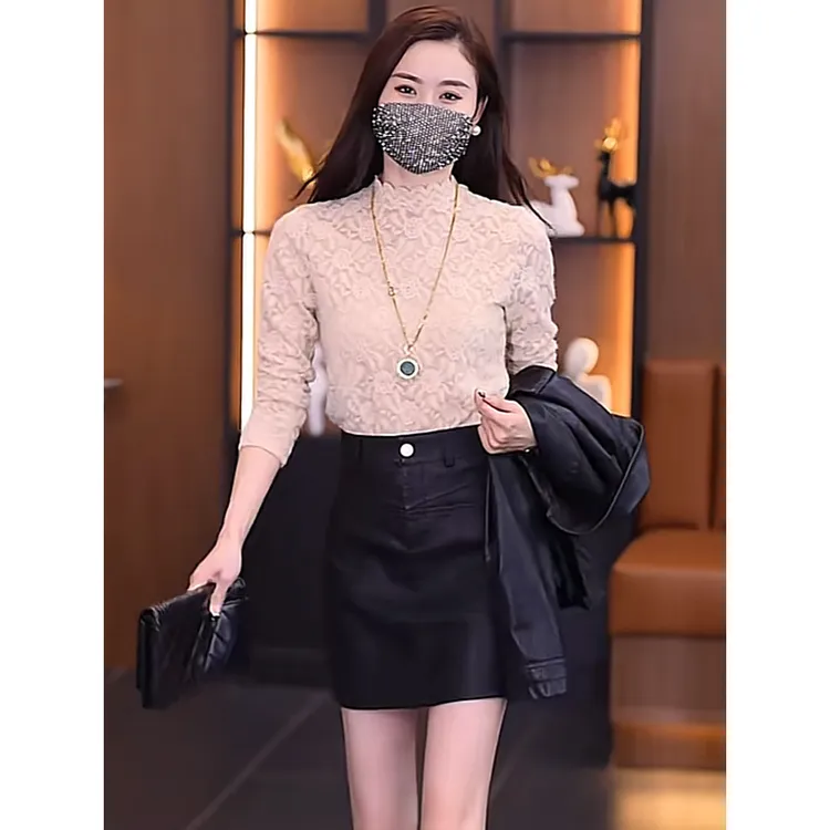 洋气半高领磨毛蕾丝衫女长袖秋冬加绒保暖蕾丝打底衫内搭小衫上衣
