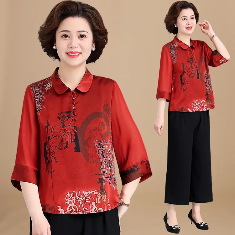 妈妈夏装洋气冰丝缎面小衫喜婆婆宽松上衣中老年女装奶奶夏季衣服
