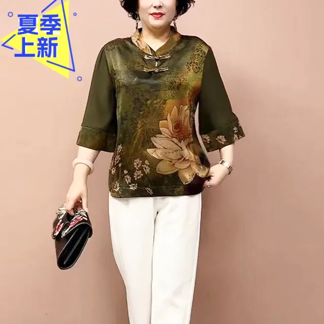 H夏季新款衬衫洋气中老年妈妈装宽松显瘦国风桑蚕丝小衫气质上衣