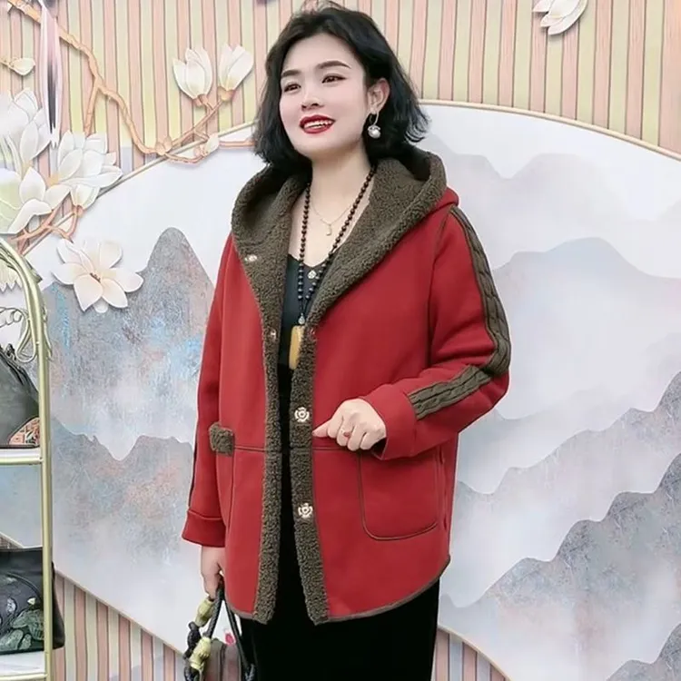 H冬季新款羊羔毛双面穿厚外套中老年妈妈加厚加绒保暖一体绒外套