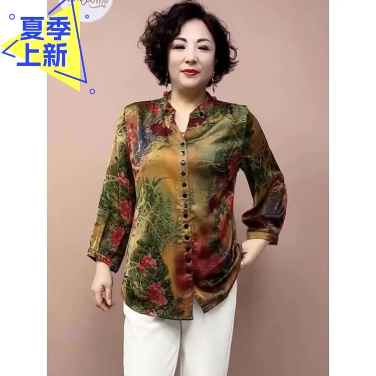 H夏季新款中老年洋气妈妈装翻领打底衫提花衬衣九分袖遮肚子上衣