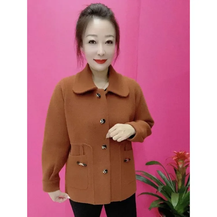 P春季新款双面呢外套纯色简约大衣呢子外套妈妈装加绒加厚5060岁