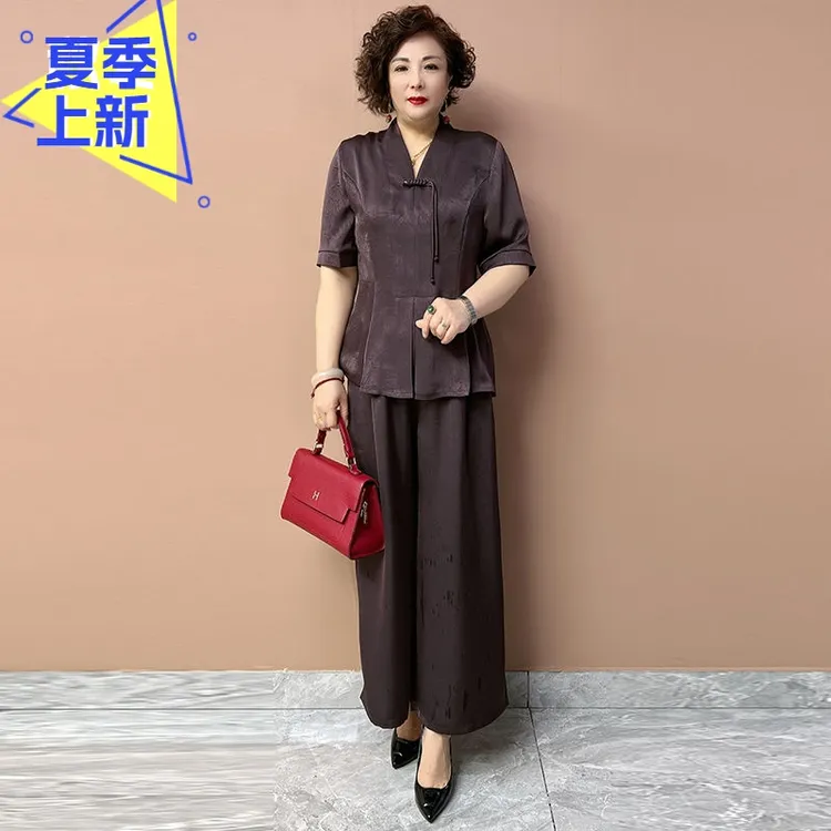 H夏季新款高档桑蚕丝中老年妈妈显瘦阔太太宽松显瘦真丝两件套女