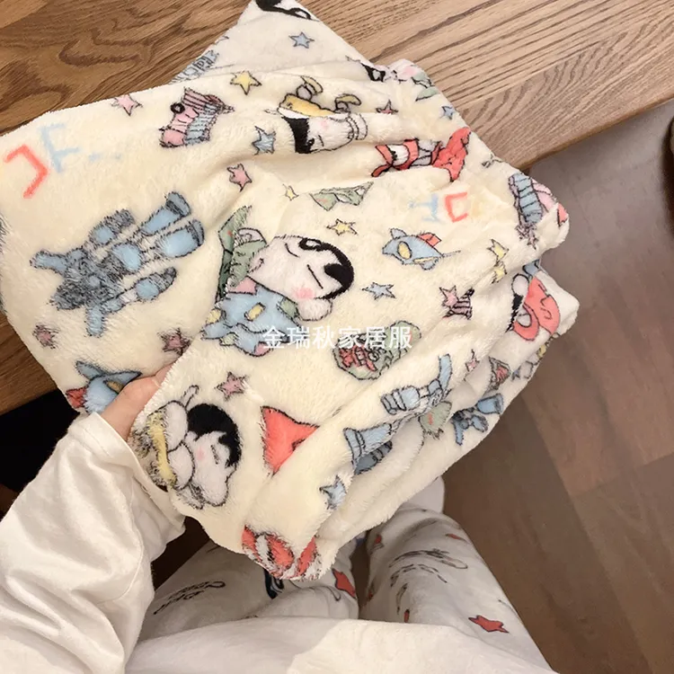 珊瑚绒睡裤女士学生秋冬季加绒加厚百搭遛弯可爱卡通法兰绒居家裤