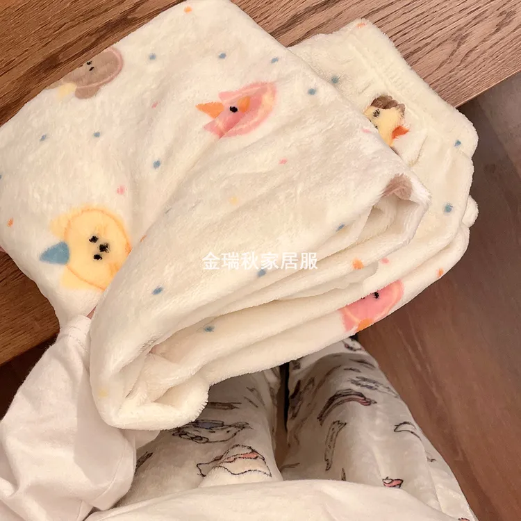 可爱卡通学生珊瑚绒睡裤女长裤秋冬季休闲可外穿法兰绒遛弯家居裤