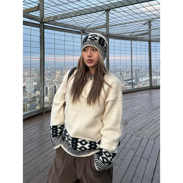 CCYE川川也新款复古费尔岛提花毛衣宽松弹力松弛慵懒感套头针织衫